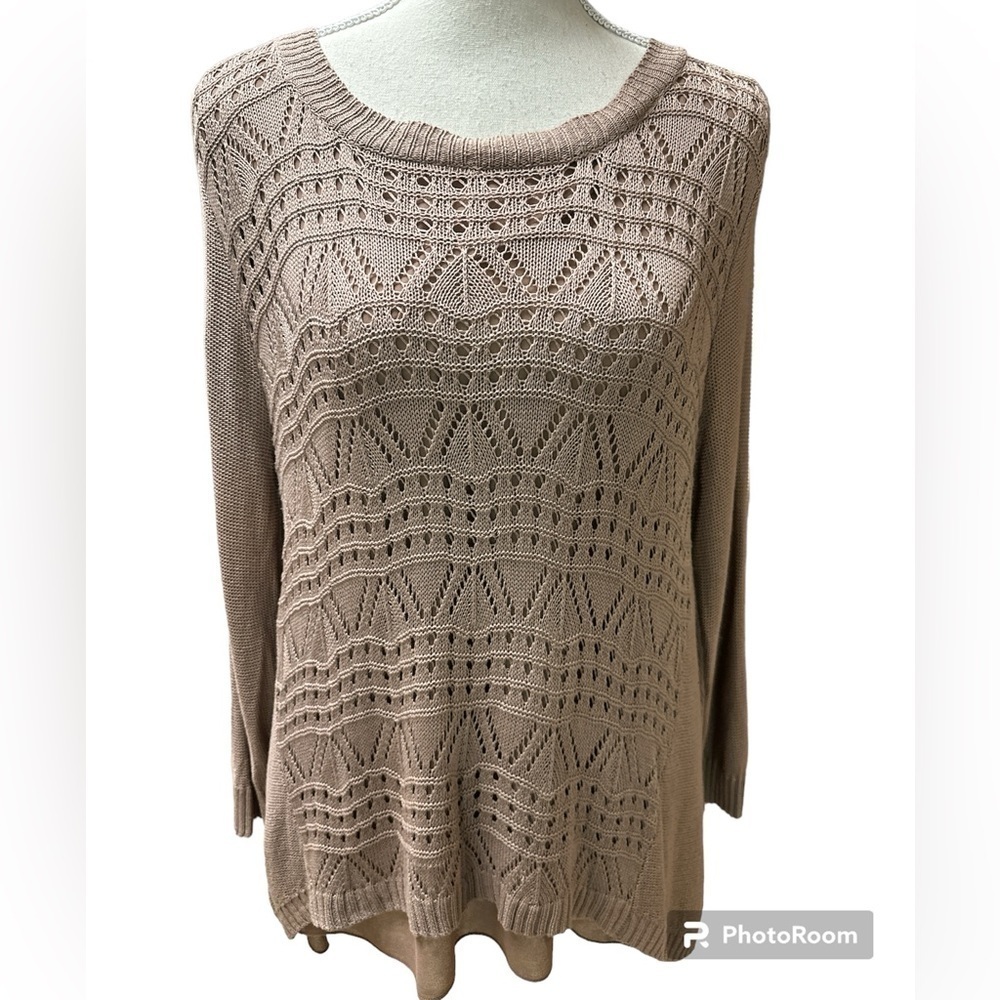 Sioni Taupe Longsleeved HighLow Knit Layered Scoop Neck Mixed Fabric Top XL